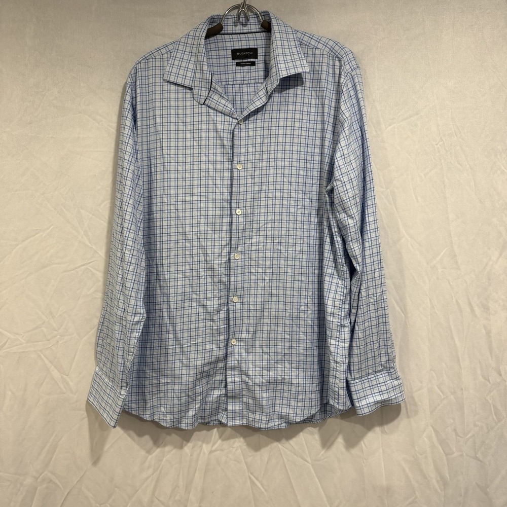 BUGATCHI Comfort Stretch Shirt L Blue Window Pane Long Sleeve Button-Up Preppy